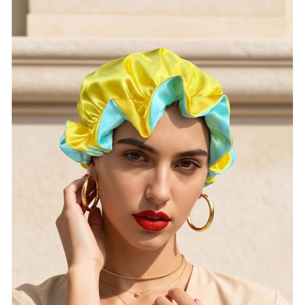 Reversible Satin Sleep Bonnet – Blue & Yellow– Extra Large, Elastic Fit